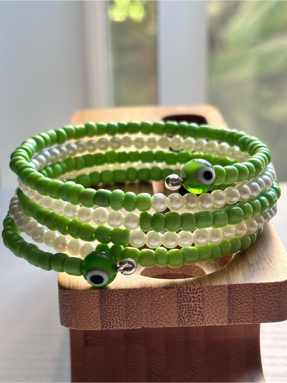 Green & White Evil Eye Wrap Bracelet – Handmade Beaded Jewelry (Memory Wire)